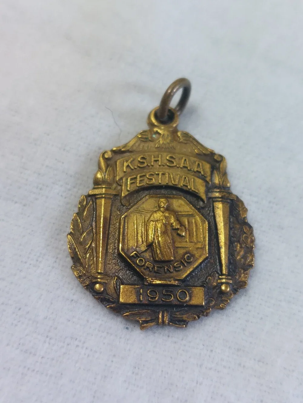 Vintage 1950 KSHSAA Forensics Award Medal Charm Pendant Brass Torch Eagle L&C
